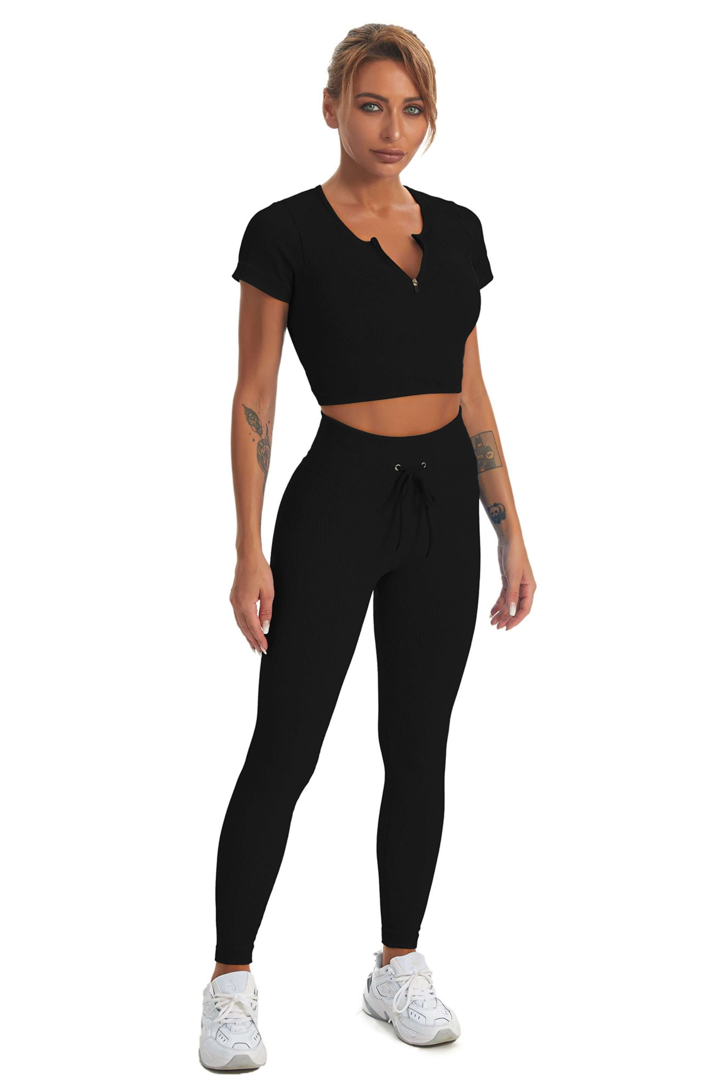 JZC Workout Outfits for Women Ribbed 2 Piece Seamless Sexy Tops V Waist  Yoga Leggings Sets Black Small at  Women's Clothing store