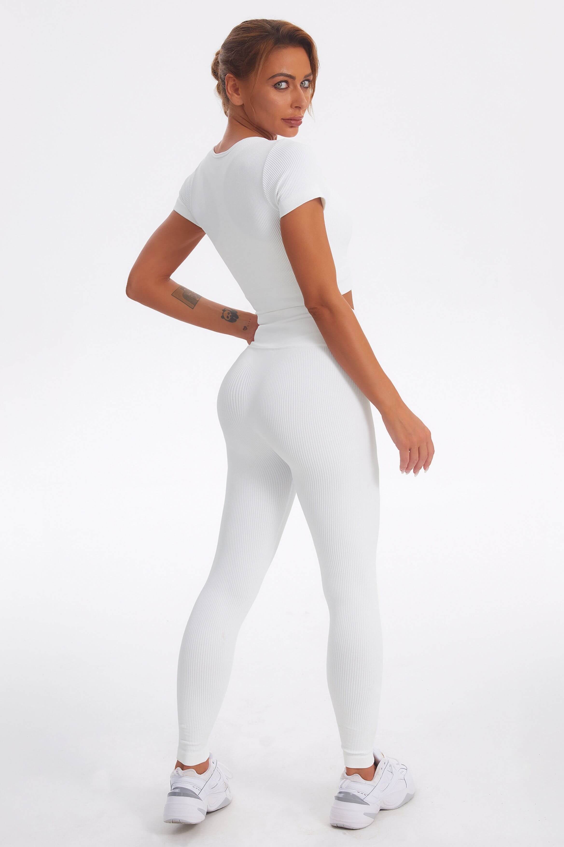 RUUHEE Workout Sets for Women Seamless 2 Piece Outfits Strap Large, White